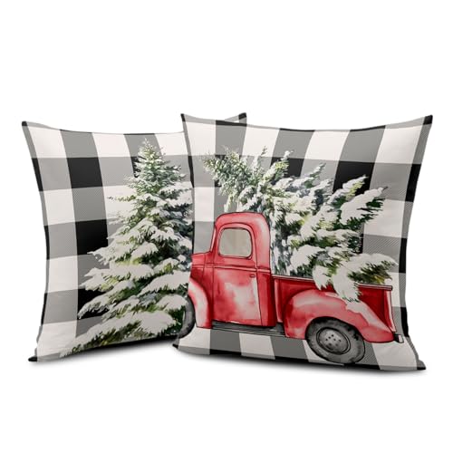 Wnoesat Christmas Buffalo Plaid Pillow Covers 18x18 Set of 2 Black and White Check Red Truck Pine Tree Throw Pillow Cover Farmhouse Winter Outdoor Pillow Cases Winter Holiday Decor for Home Couch - Image 3