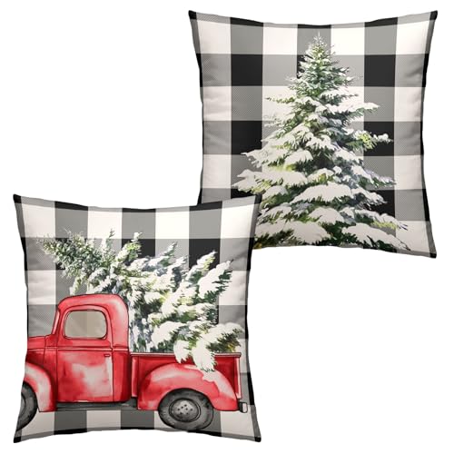Wnoesat Christmas Buffalo Plaid Pillow Covers 18x18 Set of 2 Black and White Check Red Truck Pine Tree Throw Pillow Cover Farmhouse Winter Outdoor Pillow Cases Winter Holiday Decor for Home Couch - Image 1