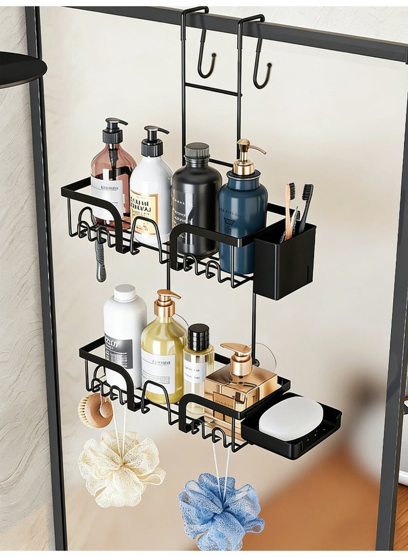 Genie Jar 2 Tier Over Door Shower Caddy with 10 Hooks No Drilling Hanging Shower Organizer Large Capacity Bathroom Storage Rack with Soap Dish Toothbrush Holder - Image 1