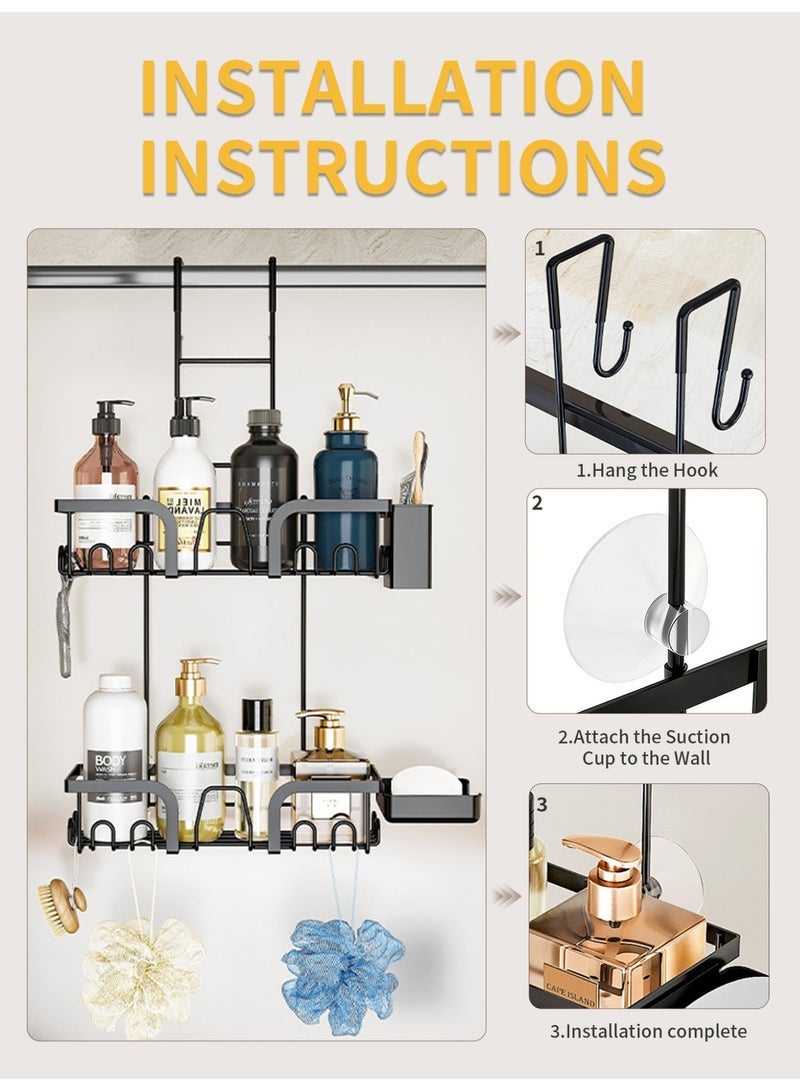 Genie Jar 2 Tier Over Door Shower Caddy with 10 Hooks No Drilling Hanging Shower Organizer Large Capacity Bathroom Storage Rack with Soap Dish Toothbrush Holder - Image 5