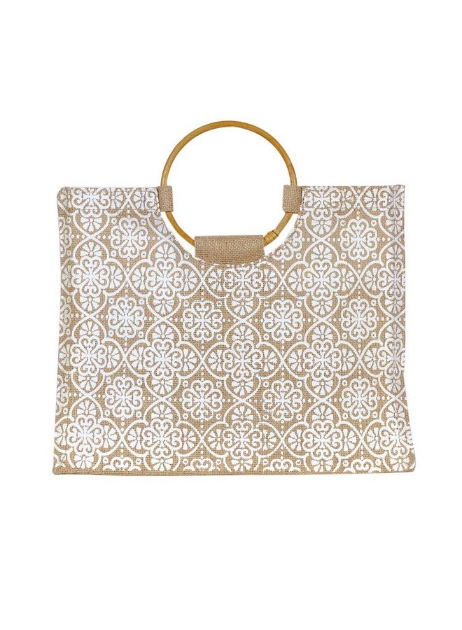 Jute Cottage Eco-Friendly Unisex Shopping Bag | 11x14x8 in Brown Jute with Mughal Print & Cane Handles | Handcrafted Sustainable Tote for Grocery, Travel, Daily Use - Image 2