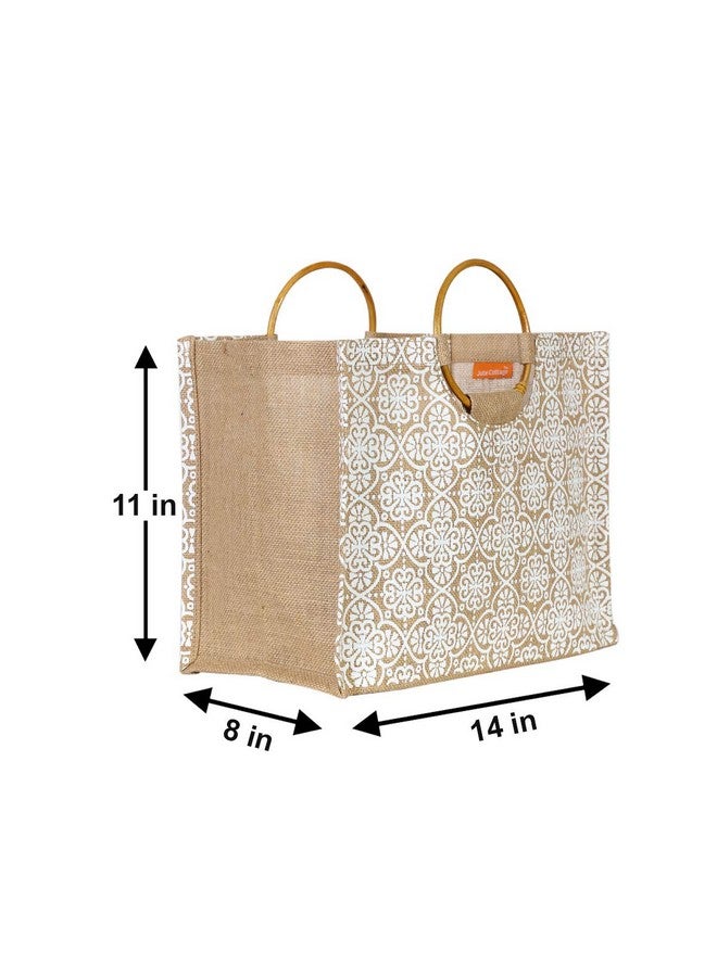 Jute Cottage Eco-Friendly Unisex Shopping Bag | 11x14x8 in Brown Jute with Mughal Print & Cane Handles | Handcrafted Sustainable Tote for Grocery, Travel, Daily Use - Image 5