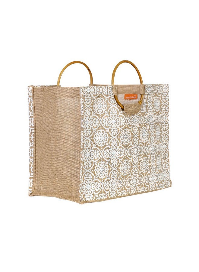 Jute Cottage Eco-Friendly Unisex Shopping Bag | 11x14x8 in Brown Jute with Mughal Print & Cane Handles | Handcrafted Sustainable Tote for Grocery, Travel, Daily Use - Image 1
