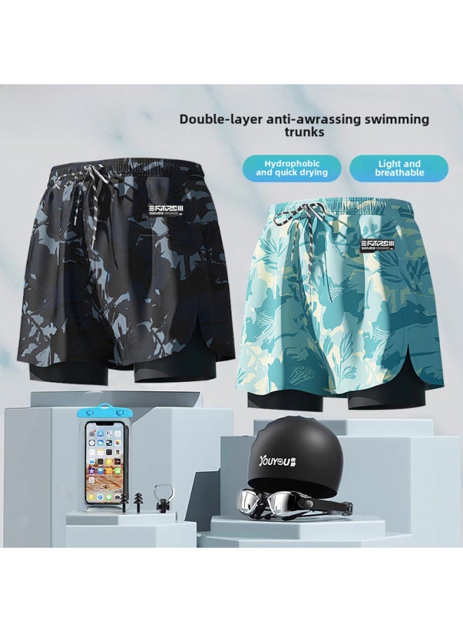 Swimming Trunks Men's Plus Size Anti-embarrassment 2025 Professional Beach Pants Hot Spring Full Set Of Swimming Equipment Wholesale-Color:Black Special Swimming Cap Goggles [send Nose Clip Earplug]]-