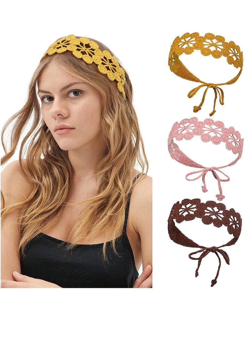 Barakah Crochet Headband Women Floral Hairband - 3PCS Daisy Floral Elastic Handmade Crochet Head Wrap Bohemian knit Headband for Women and Girls(Dark coffee + Pink + Turmeric) - Image 1