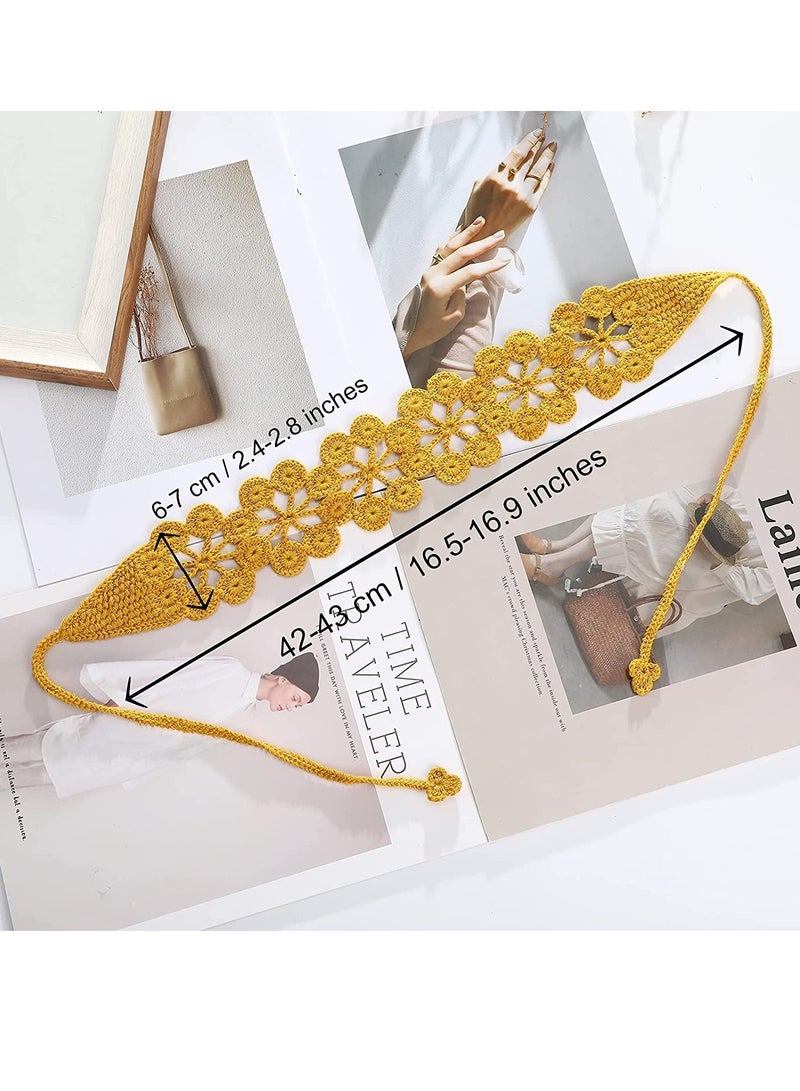 Barakah Crochet Headband Women Floral Hairband - 3PCS Daisy Floral Elastic Handmade Crochet Head Wrap Bohemian knit Headband for Women and Girls(Dark coffee + Pink + Turmeric) - Image 5