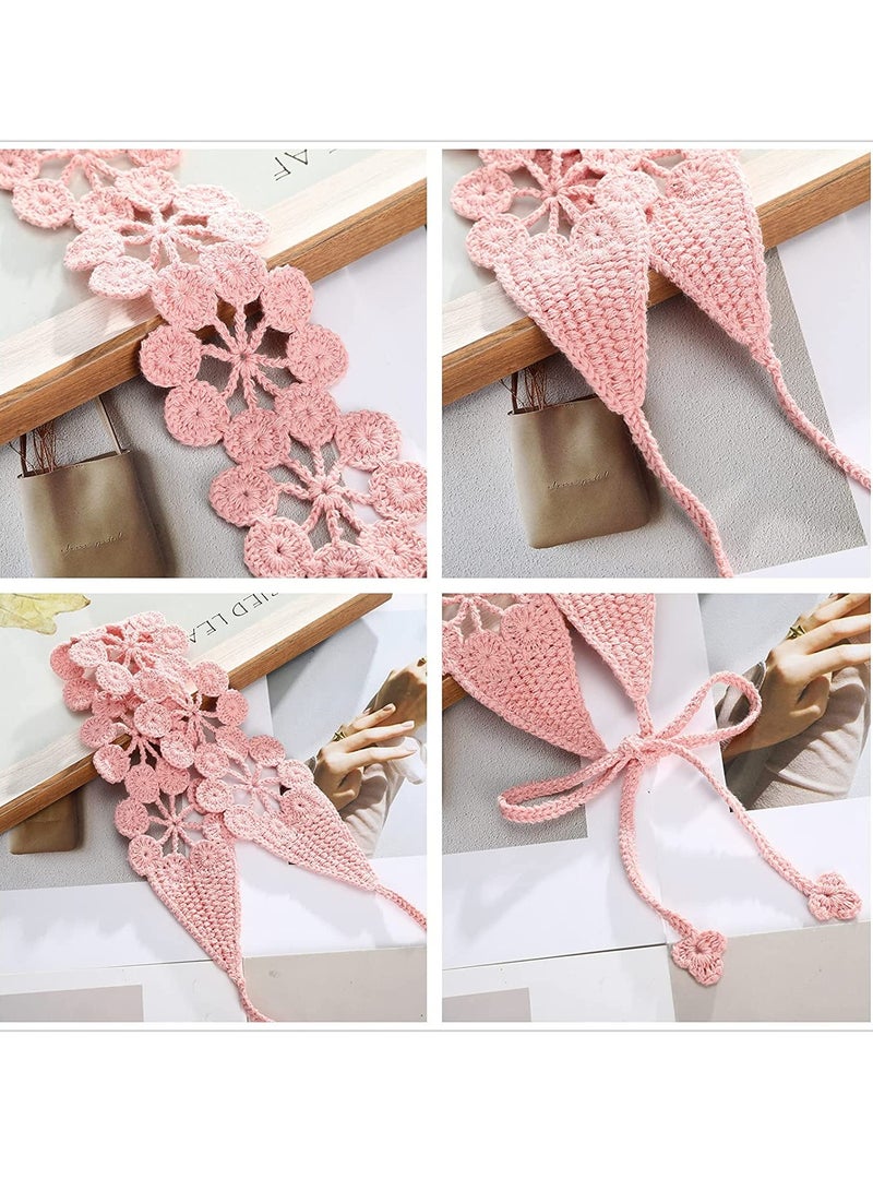 Barakah Crochet Headband Women Floral Hairband - 3PCS Daisy Floral Elastic Handmade Crochet Head Wrap Bohemian knit Headband for Women and Girls(Dark coffee + Pink + Turmeric) - Image 2