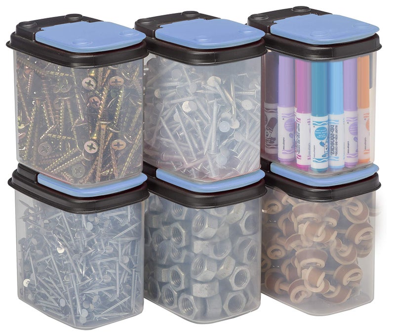 Buddeez Multi-Purpose Hardware Storage Bins Bits and Bolts Small Storage Containers, Hardware Organizers, Clear Containers With Blue Stackable Lids, Bolt and Screw Organizer (1 Quart - 8 Pack) - Image 1