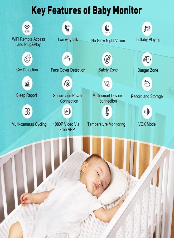 Simyke Video Baby Monitor with App and Screen 1080P Camera, Cry Detection, Lullabies, Two Way Talk, Night Vision, Face Detection, Wall Mount, Connect Smart Watch, Temperature Monitoring, Gift for Baby - Image 2