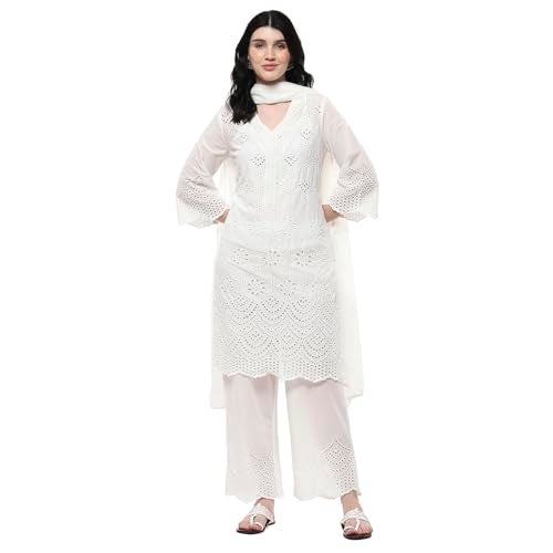 BIBA Women Off-White Cotton Schiffli Straight Kurta Set_32 - Image 1