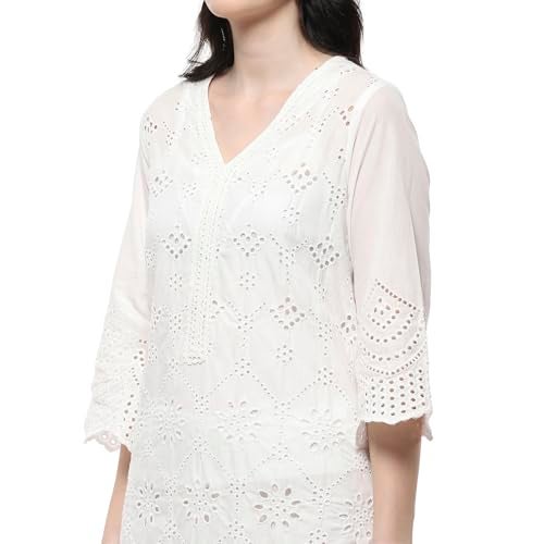 BIBA Women Off-White Cotton Schiffli Straight Kurta Set_32 - Image 3