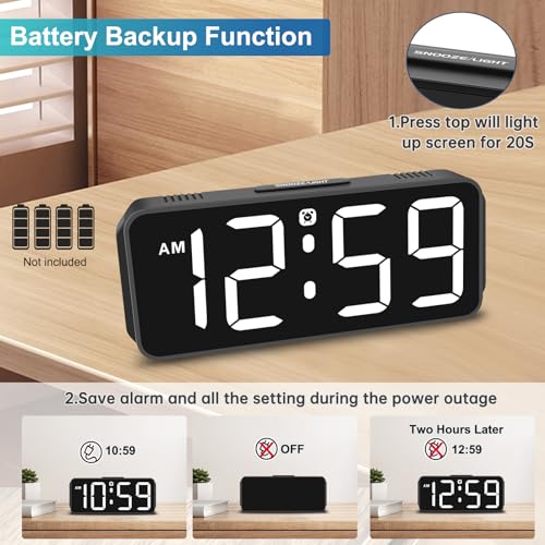 Peakeep Small Digital Alarm Clock Plug in for Bedrooms Bedside, Tiny Electric Clock Large Big Numbers Display Battery Backup for Desk Table, 6 Dimmers, 5 Adjustable Alarm Volume (White) - Image 5