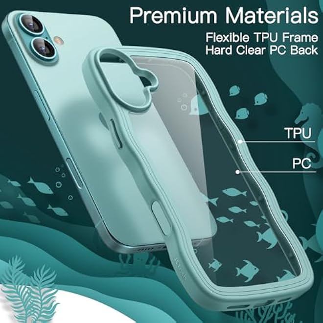 JETech Wavy Case for iPhone 16 61Inch Cute Wave Frame Curly Shape Shockproof Phone Cover for Women and Girls Clear Hard PC Back Teal - Image 2