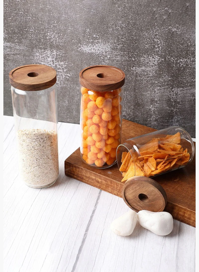 Bonhomie 3 Peice Clear Solid Glass Storage Jars With Wooden Lid For Home And Pantry