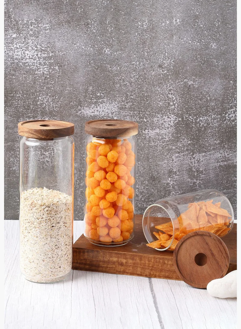 Bonhomie 3 Peice Clear Solid Glass Storage Jars With Wooden Lid For Home And Pantry
