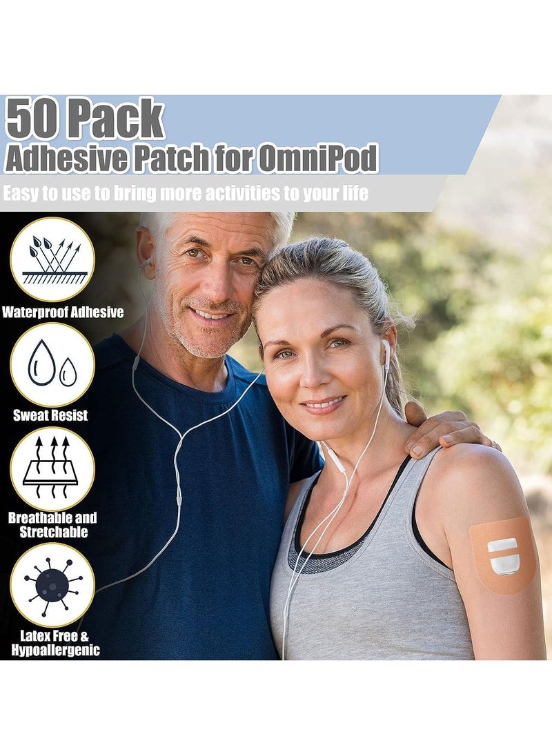 50 Pieces Waterproof Adhesive Patches, Adhesive Patches Compatible with Omnipod Shower Waterproof Pre-Cut Adhesive Patches with Strap Pre-Cut Sweatproof Tape Continuous Glucose Monitor Protection
