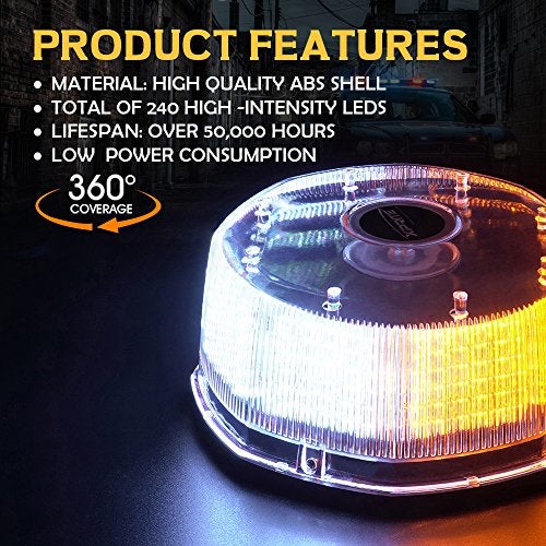 Xprite ضوء إشارة دوار Xprite 240LED، أضواء ستروب رافعة شوكية بقاعدة مغناطيسية لشاحنات البناء، سيارات الدورية، الجرارات، عربات الجولف - برتقالي وأبيض - Image 2