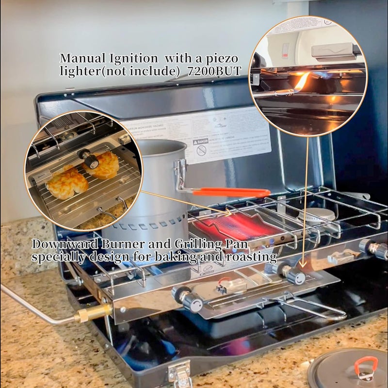 FineFlame Camping Stove, 3 Burners Propane Portable Camp Stove with Regulator, Push-Button Instant Ignition, Adjustable Burners & Wind Guards for Car BBQ Picnics Outdoor Cooking (BLACK-20400 BTUs) - Image 2