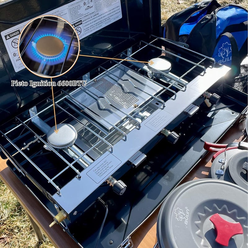 FineFlame Camping Stove, 3 Burners Propane Portable Camp Stove with Regulator, Push-Button Instant Ignition, Adjustable Burners & Wind Guards for Car BBQ Picnics Outdoor Cooking (BLACK-20400 BTUs) - Image 3