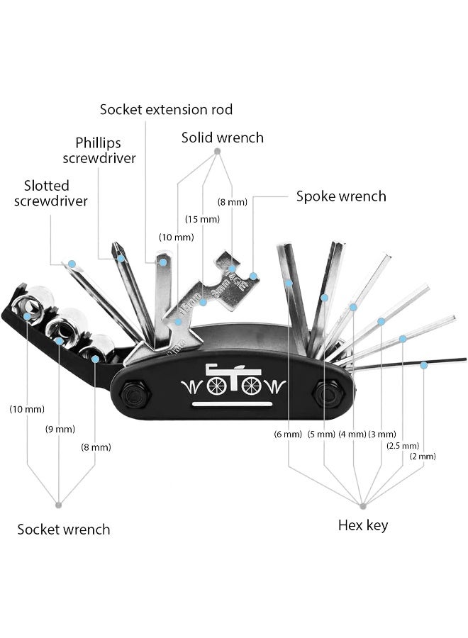 WOTOW Bike Repair Tool Kit, 16 in 1 Bicycle Multitool with Bike Tire Levers Hex Spoke Wrench, Multi Function Accessories Set for Road Mountain Bikes - Image 2