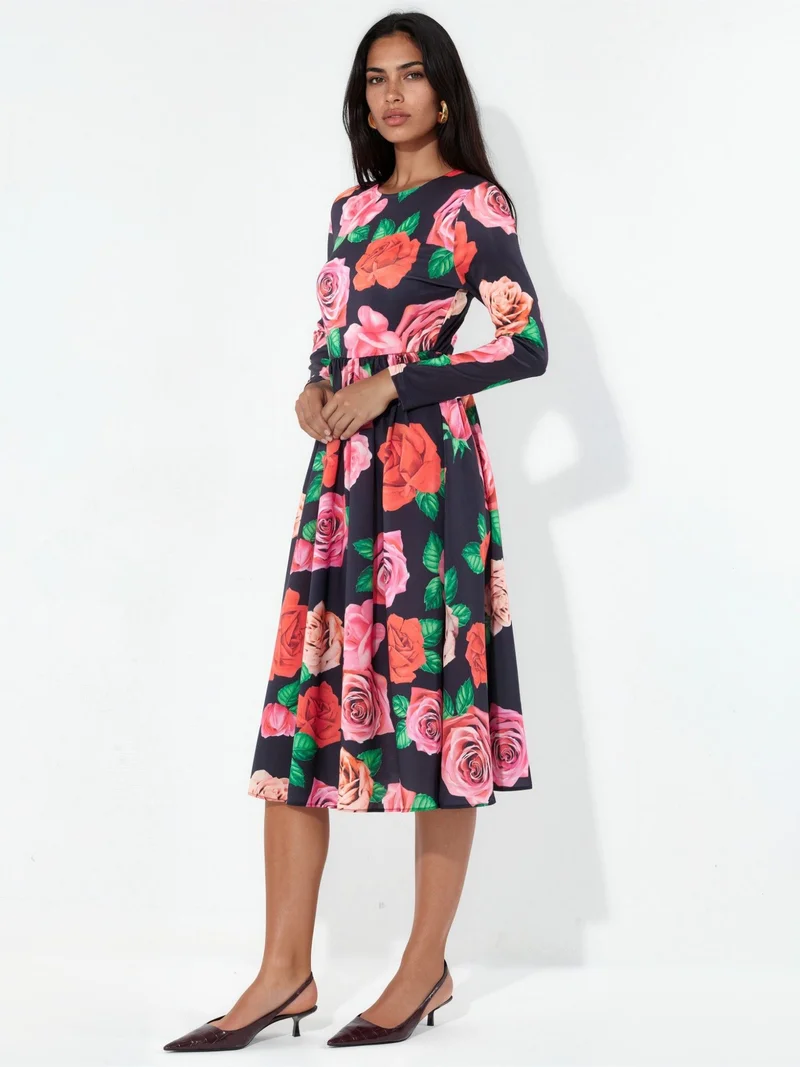 جينيفر Floral Belted Midi Skater Dress