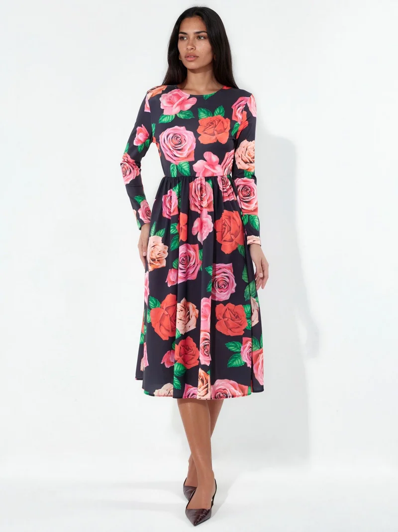 جينيفر Floral Belted Midi Skater Dress