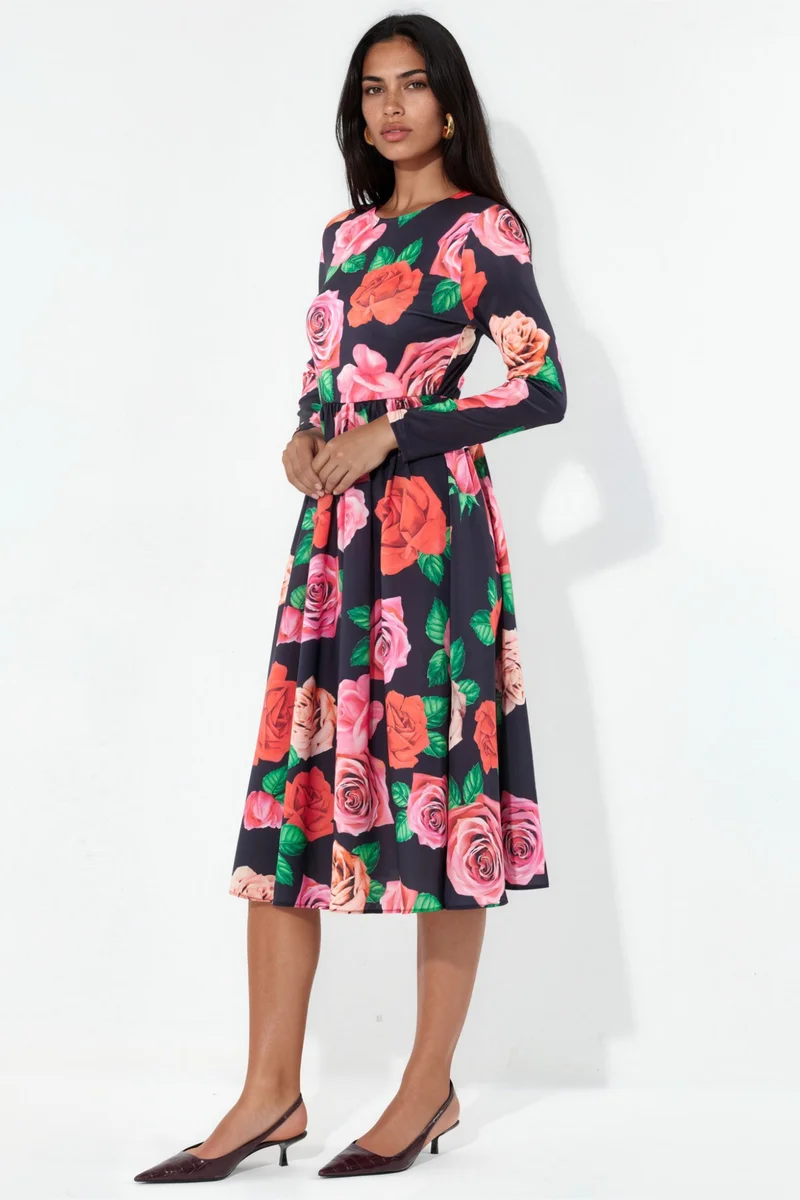 جينيفر Floral Belted Midi Skater Dress