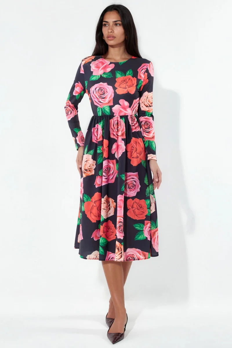 جينيفر Floral Belted Midi Skater Dress