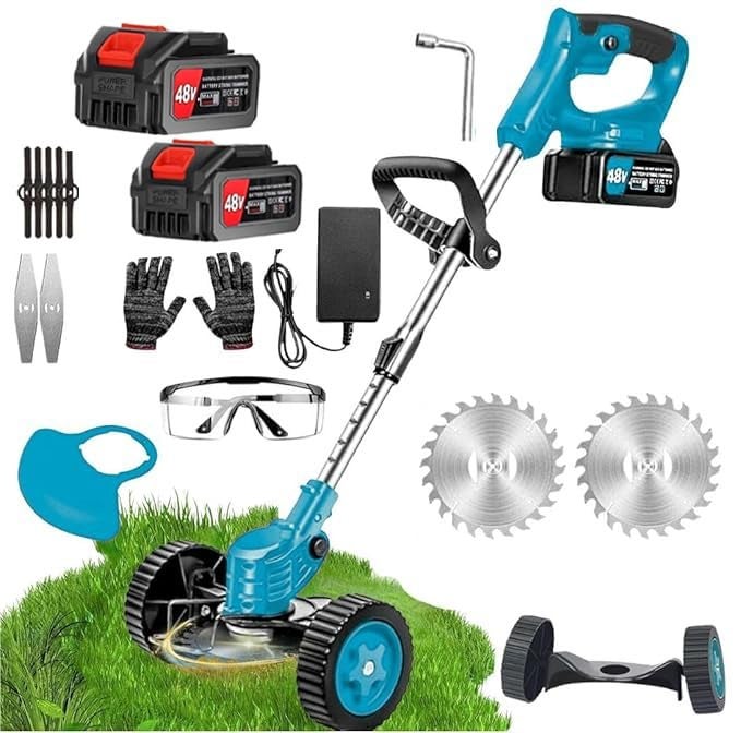 BOVTY Electric Wireless Rechargeable Edge Cutter 48V-2 Batteries-25cm Cutting Width|3-in-1 Mower & Trimmer |Adjustable Height|3 Blade Types | Lightweight & Portable|Lawn,Yard. (2Grass Cutter-BWheel-2Blue) - Image 1