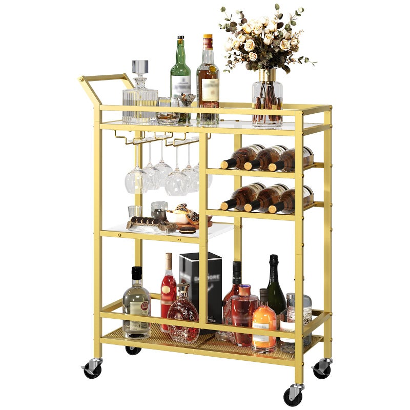 MAHANCRIS Bar Cart for Home, 3-Tier Serving Cart with Glass Top, Beverage Cart with Wine Rack and Glass Holder, Drink Cart with Wheels, for Dining Room, Living Room, Gold and White RCJM71B01 - Image 1