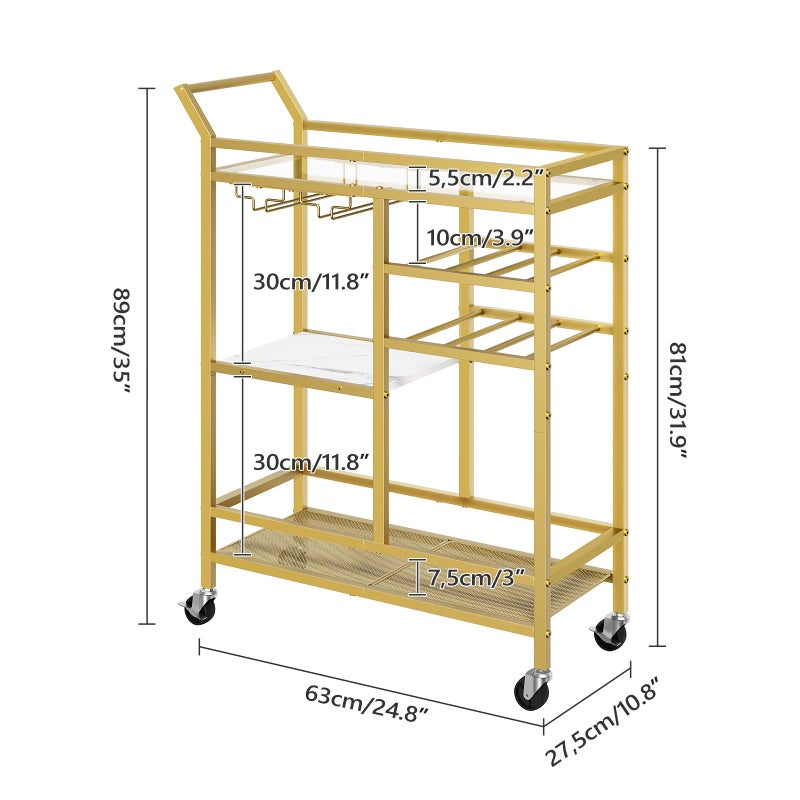 MAHANCRIS Bar Cart for Home, 3-Tier Serving Cart with Glass Top, Beverage Cart with Wine Rack and Glass Holder, Drink Cart with Wheels, for Dining Room, Living Room, Gold and White RCJM71B01 - Image 2