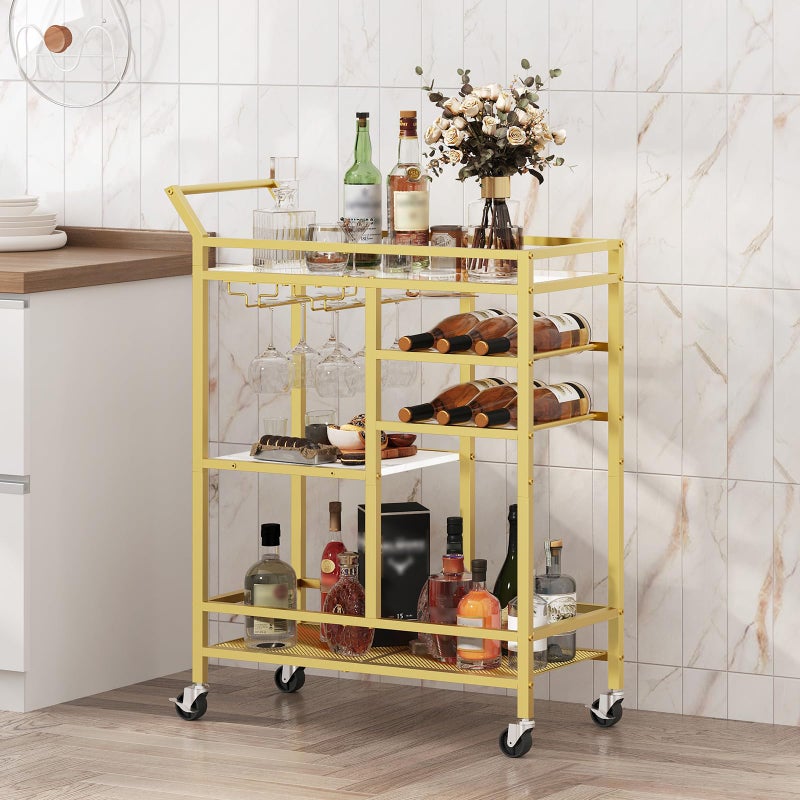 MAHANCRIS Bar Cart for Home, 3-Tier Serving Cart with Glass Top, Beverage Cart with Wine Rack and Glass Holder, Drink Cart with Wheels, for Dining Room, Living Room, Gold and White RCJM71B01 - Image 3