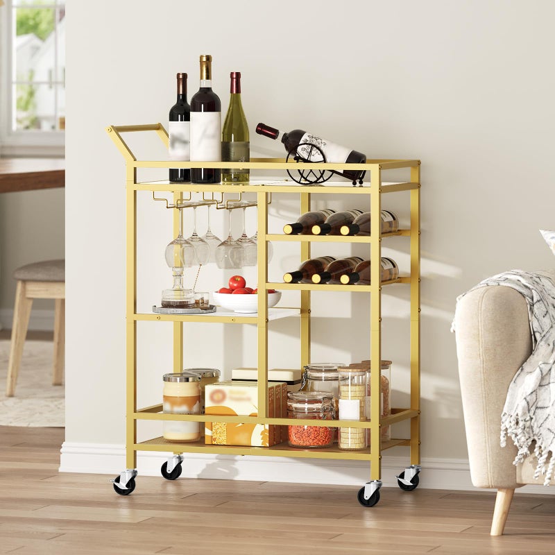 MAHANCRIS Bar Cart for Home, 3-Tier Serving Cart with Glass Top, Beverage Cart with Wine Rack and Glass Holder, Drink Cart with Wheels, for Dining Room, Living Room, Gold and White RCJM71B01 - Image 4