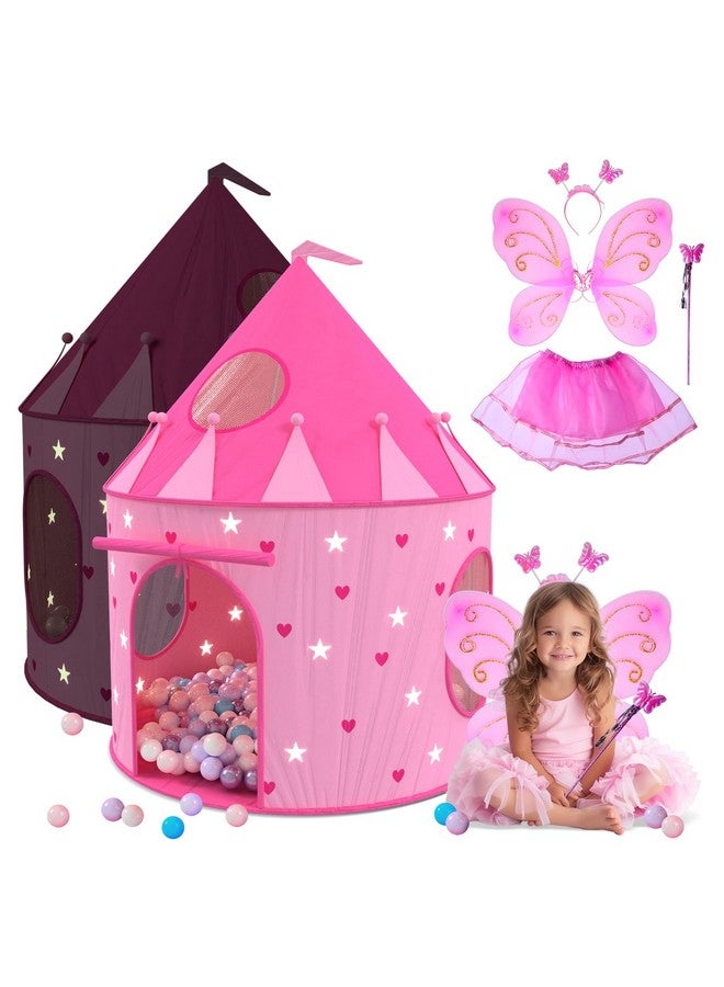 Playz Playz 5-Piece Princess Castle Girls Pop Up Play Tent & Dress Up Costume Bundle - Playhouse Gift for Girls & Toddler for Indoor & Outdoor Use with Pink Fairy Tale Carrying Bag & Glow in The Dark Stars  - Image 1