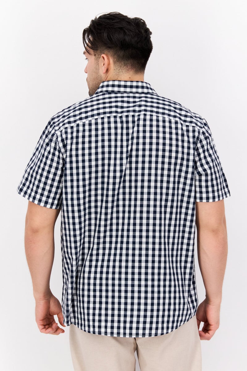 PERRY ELLIS Men Regular Fit Check Short Sleeve Casual Shirt, Navy - Image 3