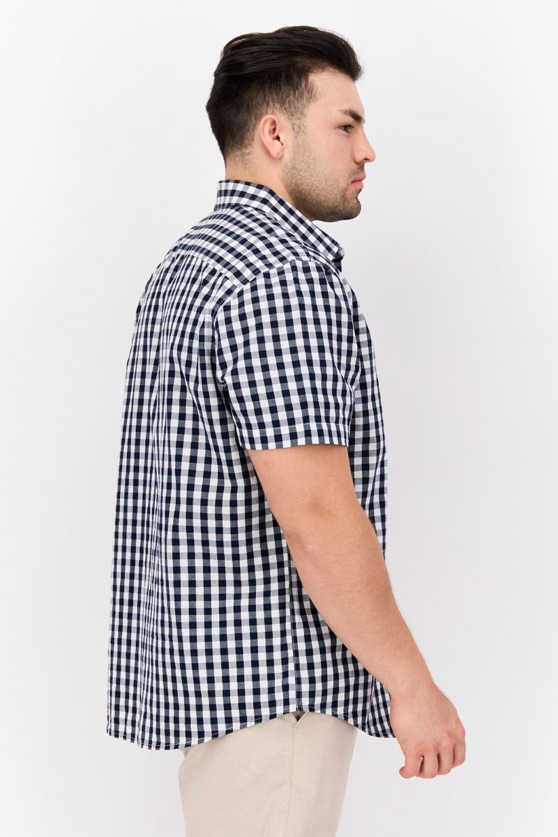 PERRY ELLIS Men Regular Fit Check Short Sleeve Casual Shirt, Navy - Image 2