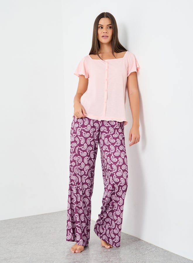 Styli Square Neck Lettuce Hem Top and Paisley Print Pyjama Set - Image 1