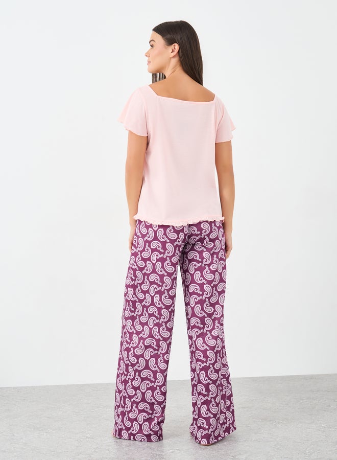 Styli Square Neck Lettuce Hem Top and Paisley Print Pyjama Set - Image 5