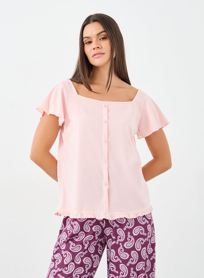 Styli Square Neck Lettuce Hem Top and Paisley Print Pyjama Set - Image 2