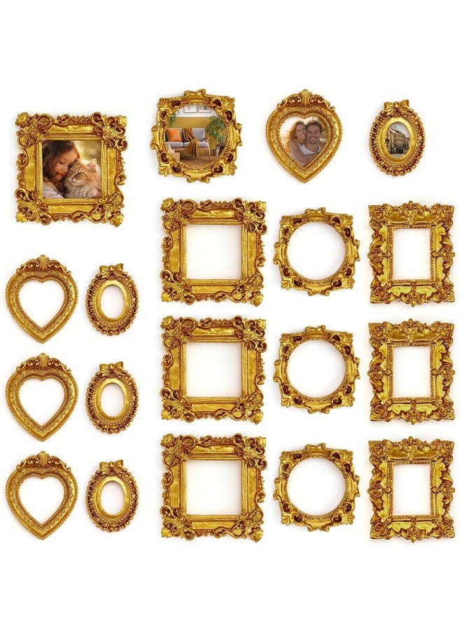 VICROIC 15 قطعة إطارات عتيقة صغيرة، إطارات ريزين عتيقة صغيرة، إطار صورة صغير ذهبي لتعليق الحائط وعرض المجوهرات وتصوير الحفلات والفنادق وزينة المنزل (إطار صغير ب) - Image 1