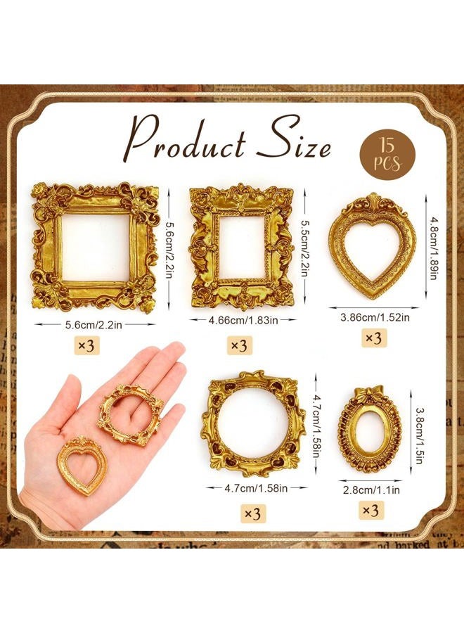 VICROIC 15 قطعة إطارات عتيقة صغيرة، إطارات ريزين عتيقة صغيرة، إطار صورة صغير ذهبي لتعليق الحائط وعرض المجوهرات وتصوير الحفلات والفنادق وزينة المنزل (إطار صغير ب) - Image 2