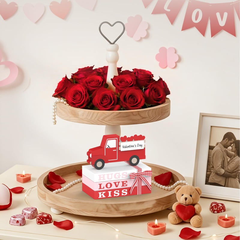 OLANRUN Valentines Day Decorations, Handmade Wooden Heart Valentine Table Decor with 3 Books, 3D Truck, Valentines Day Decor for Indoor, Home Office Table Centerpieces Tiered Tray Bedroom Mantel - Image 5