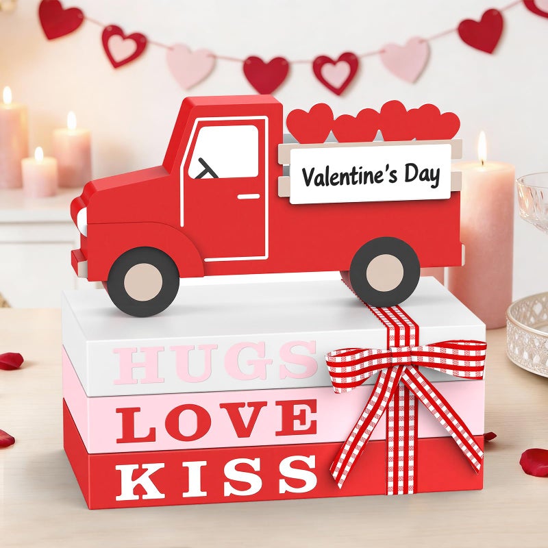 OLANRUN Valentines Day Decorations, Handmade Wooden Heart Valentine Table Decor with 3 Books, 3D Truck, Valentines Day Decor for Indoor, Home Office Table Centerpieces Tiered Tray Bedroom Mantel - Image 1