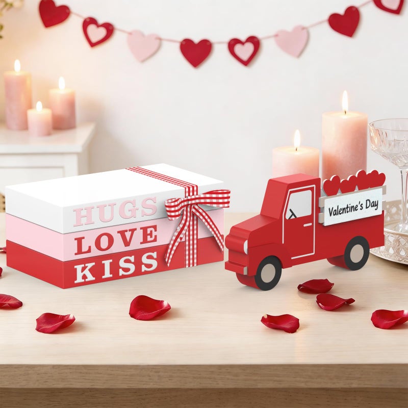 OLANRUN Valentines Day Decorations, Handmade Wooden Heart Valentine Table Decor with 3 Books, 3D Truck, Valentines Day Decor for Indoor, Home Office Table Centerpieces Tiered Tray Bedroom Mantel - Image 4