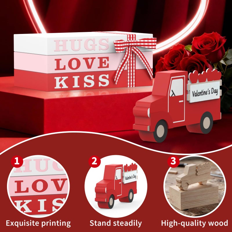 OLANRUN Valentines Day Decorations, Handmade Wooden Heart Valentine Table Decor with 3 Books, 3D Truck, Valentines Day Decor for Indoor, Home Office Table Centerpieces Tiered Tray Bedroom Mantel - Image 3