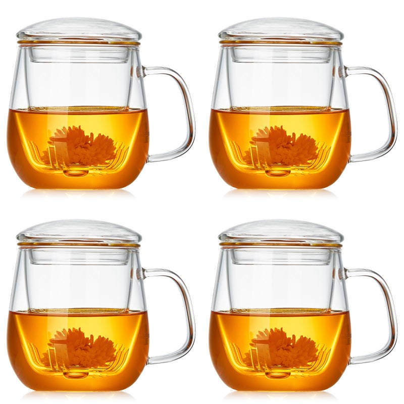 DOPUDO Glass Teacups 4 Pack Glass Tea Cup with Infuser and Lid 176oz520ml Large Borosilicate TeacupTea Clear Mug Cup for Loose Leaf Blooming Tea Microwave Dishwasher Safe - Image 2