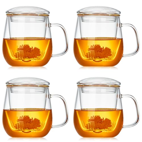 DOPUDO Glass Teacups 4 Pack Glass Tea Cup with Infuser and Lid 176oz520ml Large Borosilicate TeacupTea Clear Mug Cup for Loose Leaf Blooming Tea Microwave Dishwasher Safe - Image 1