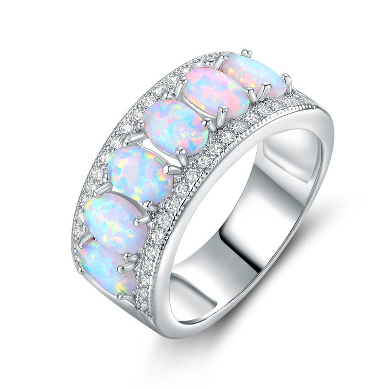 Barzel 18k White Gold Plated Oval-Cut Created Fire Opal & Cubic Zirconia Ring (White Gold, 8) - Image 1