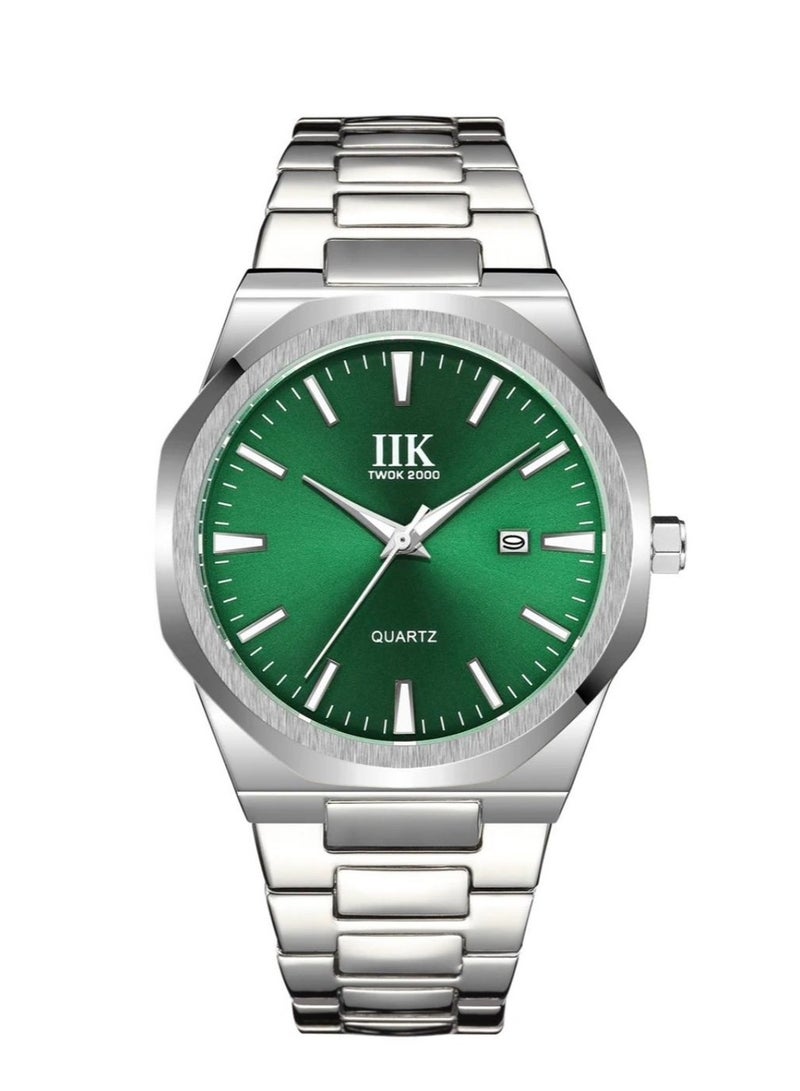 IIK Collection Men's Wrist Watch, Silver Band with Green Dial, And silver edges - Image 1