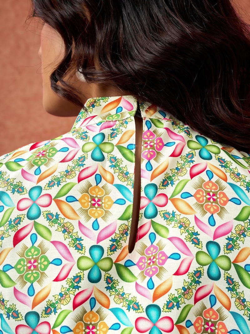 STUNNGIRL Timeless Elegance طقم كورد بدون أكمام من STUNNGIRL بتصميم زهري أنيق، كُرتي طويل مع بنطلون، أبيض متعدد الألوان، ملابس كاجوال - Image 5